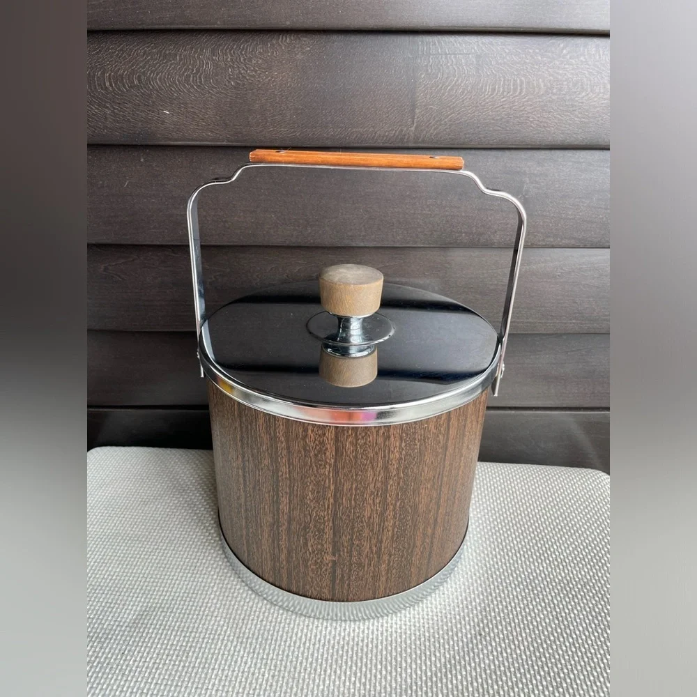 ATAPCO Vintage Ice Bucket Wood Grain With Handle and Lid
